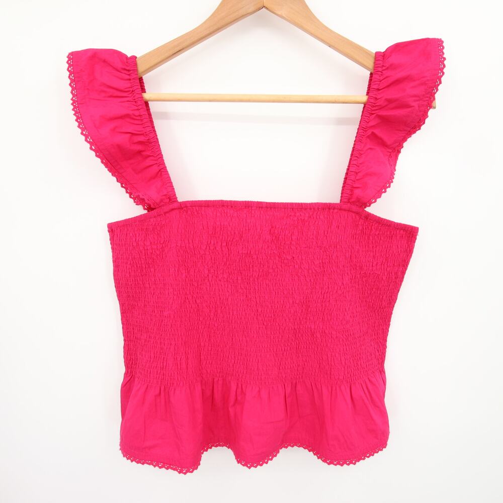 Roller Rabbit Top Pink Ruffle Smocked Cotton Sleeveless Crop Peplum Size L NWT
